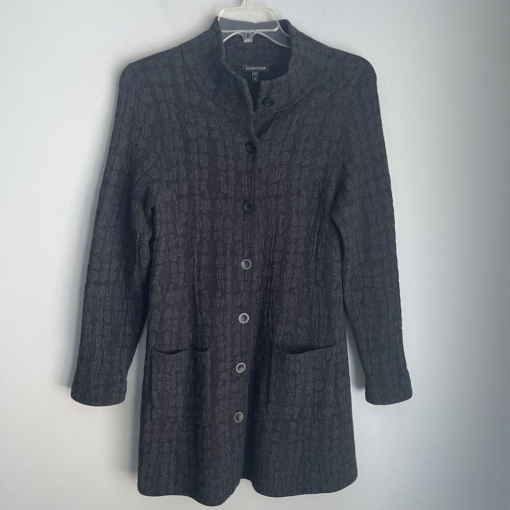 Eileen Fisher Wool Blend Cable Knit Cardigan Sweater Size M Button Up Long